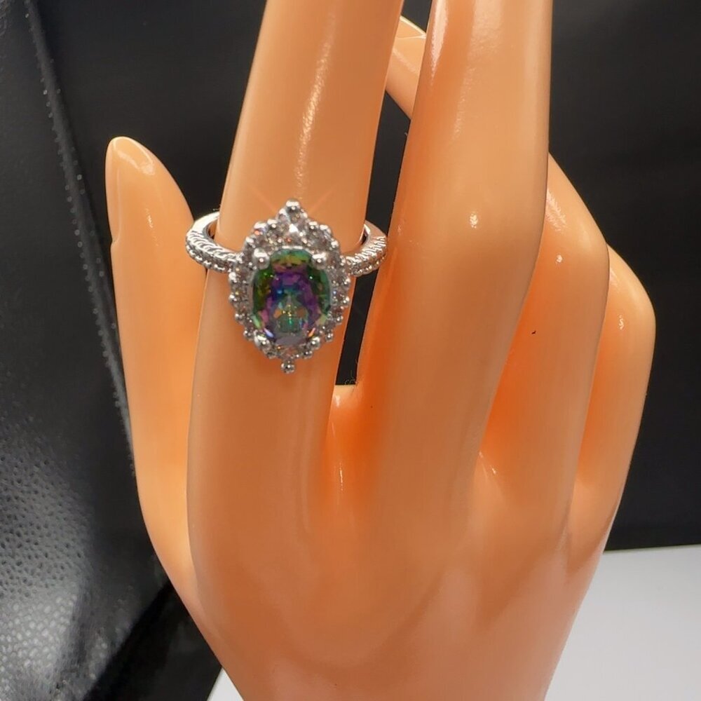 Rainbow Zircon Teardrop Halo Ring With Silvertone Band - Picture 6 of 7